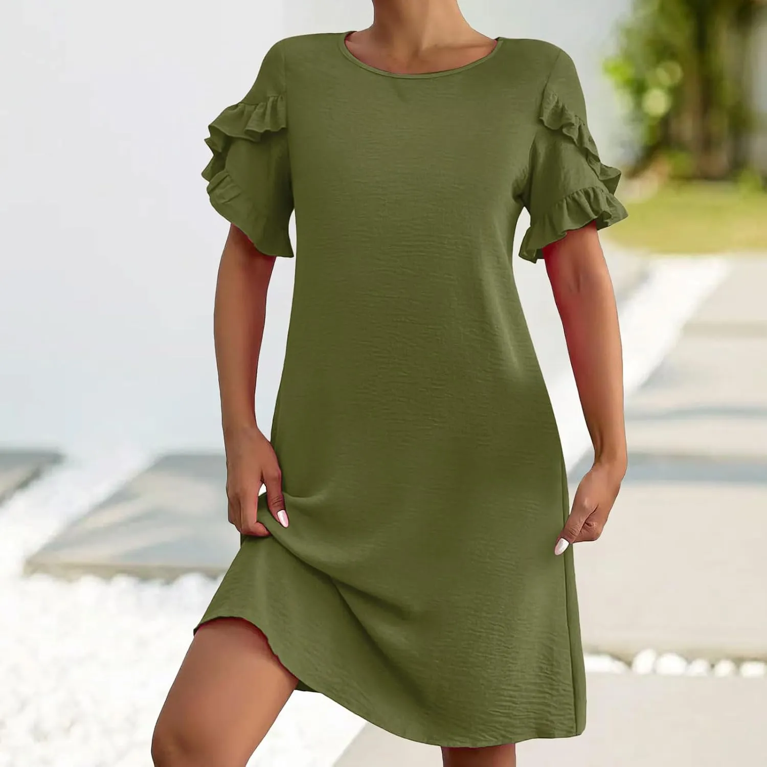 Summer Dresses for Women 2025 Ruffle Sleeve A Line Mini Dress Casual Crew Neck Shift Dress Loose Flowy Beach Sundress