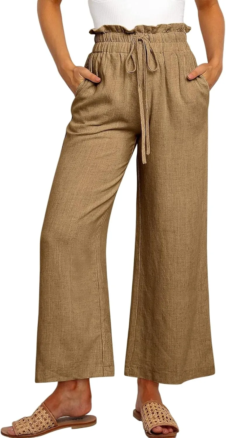 Summer Linen Pant for Women Wide Leg Palazzo Pants Casual Loose Ruffle Waist Capri Drawstring Beach Trousers