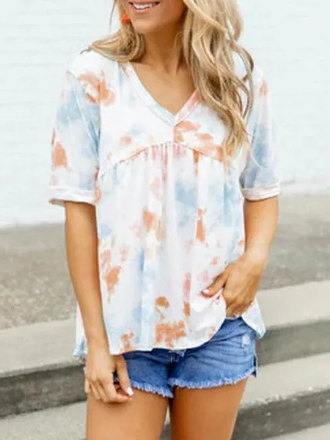 V-neck Tie Dye Print Back Straps Tops