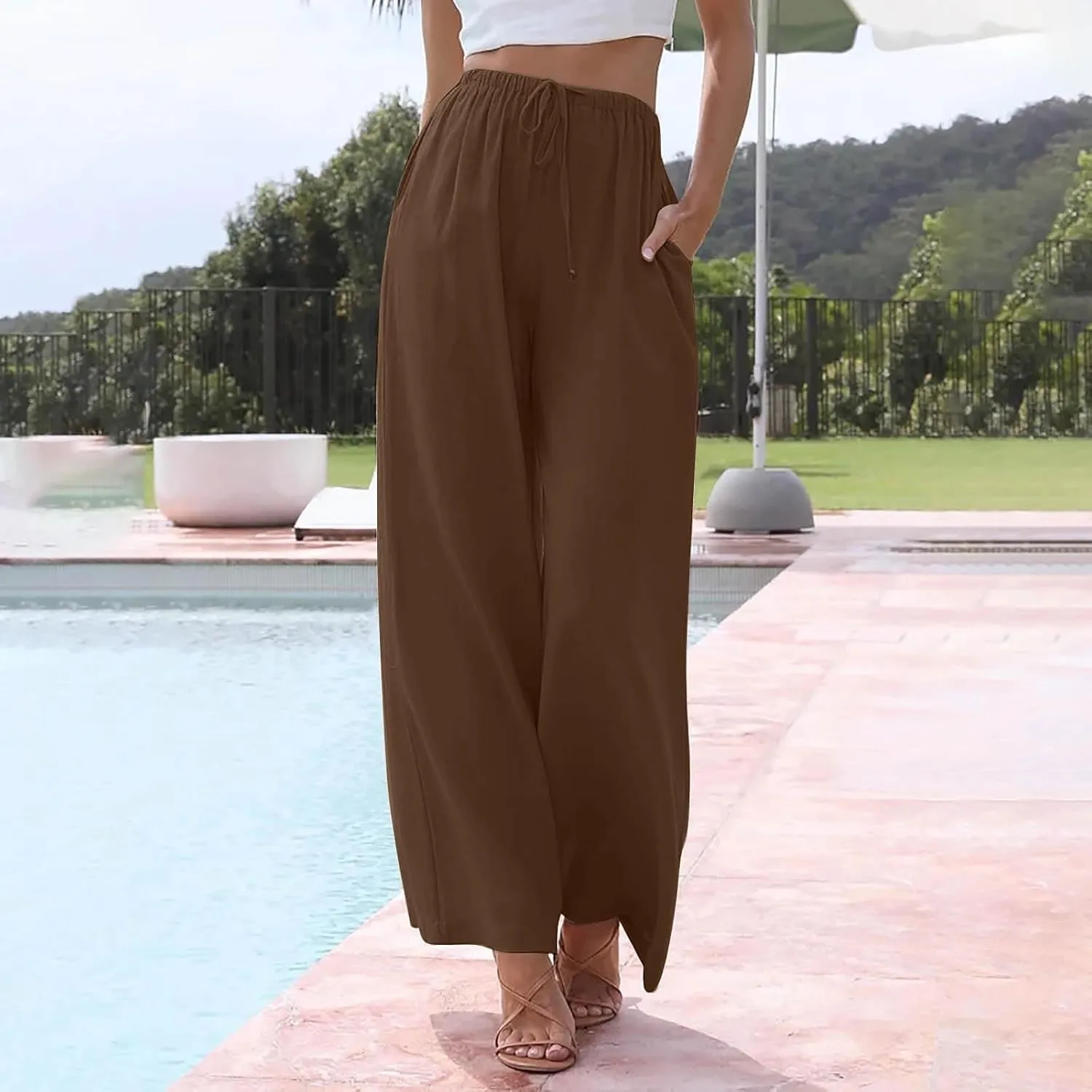 Wide Leg Linen Pants for Women Summer Boho Flowy Beach Pants Comfy Casual Cotton Palazzo Pants Trousers with Pockets