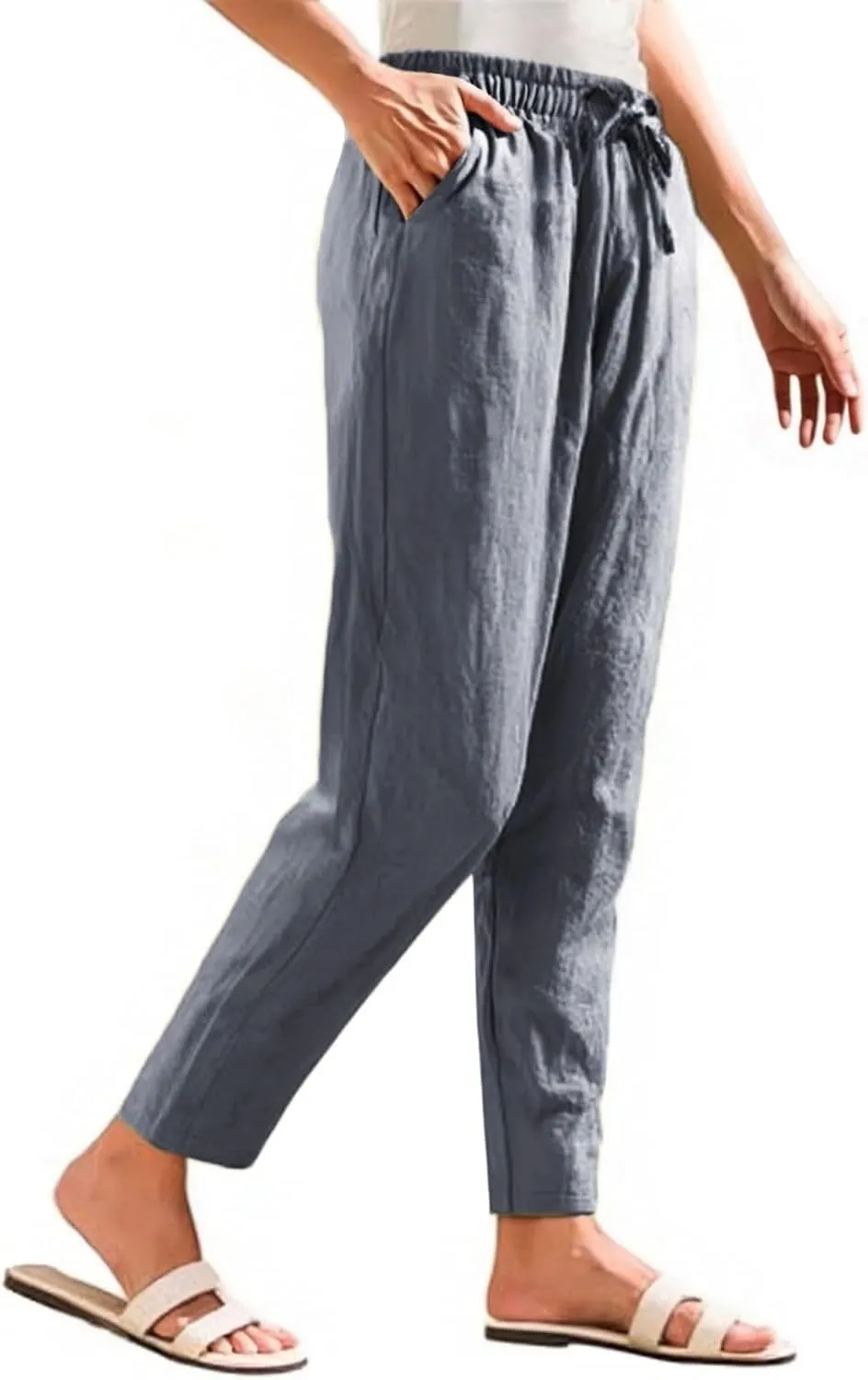 Womens Cotton Linen Pants with Pockets Drawstring Casual Summer Straight Leg Pants Lounge Baggy Beach Pants