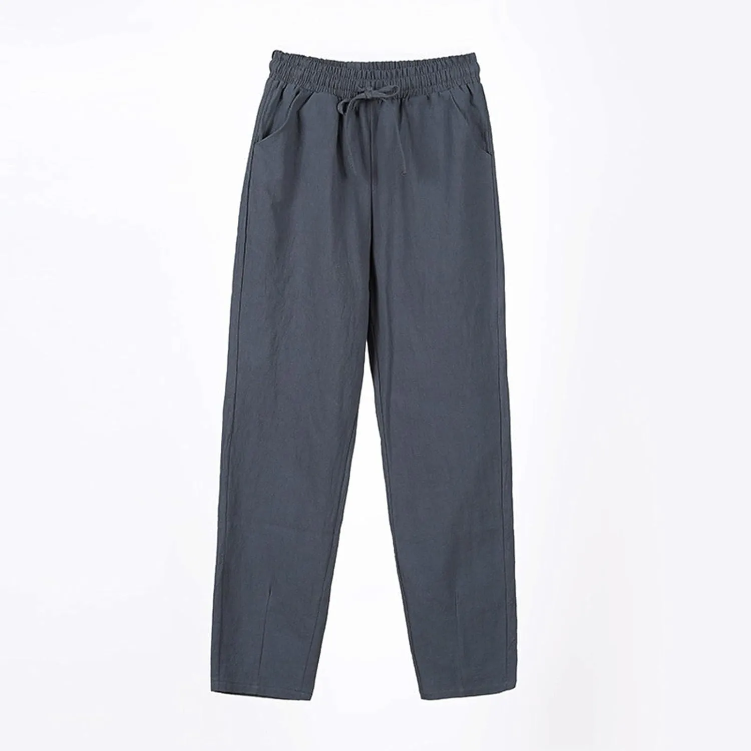 Womens Cotton Linen Pants with Pockets Drawstring Casual Summer Straight Leg Pants Lounge Baggy Beach Pants