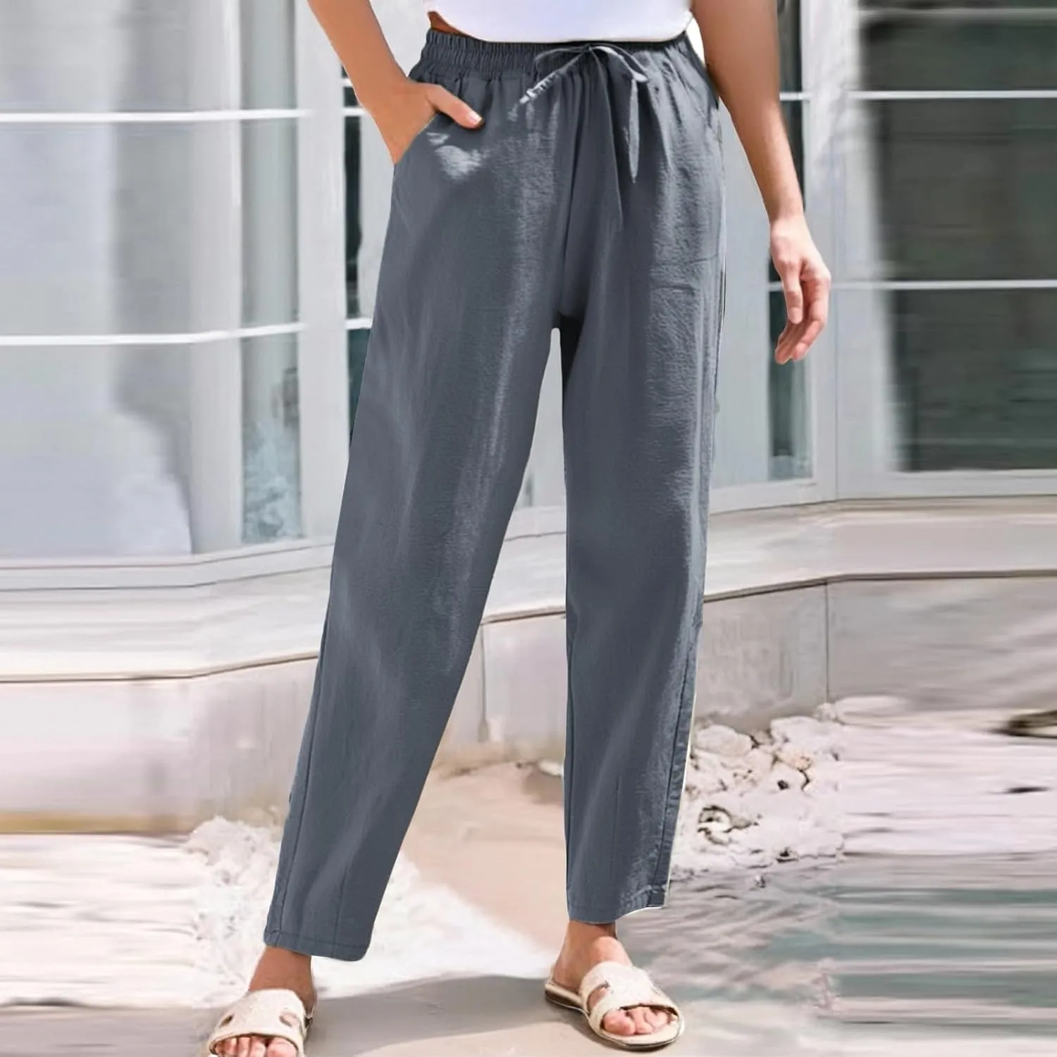 Womens Cotton Linen Pants with Pockets Drawstring Casual Summer Straight Leg Pants Lounge Baggy Beach Pants