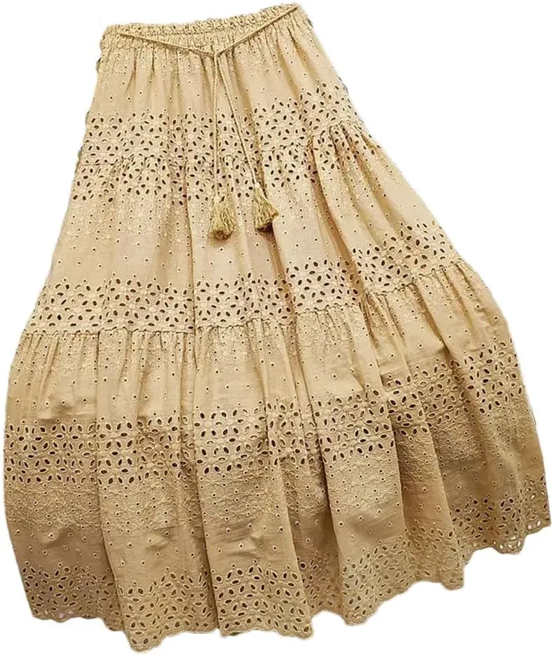 Women's Hollow Lace Skirt Solid Color A-Line High Waist Midi Skirt