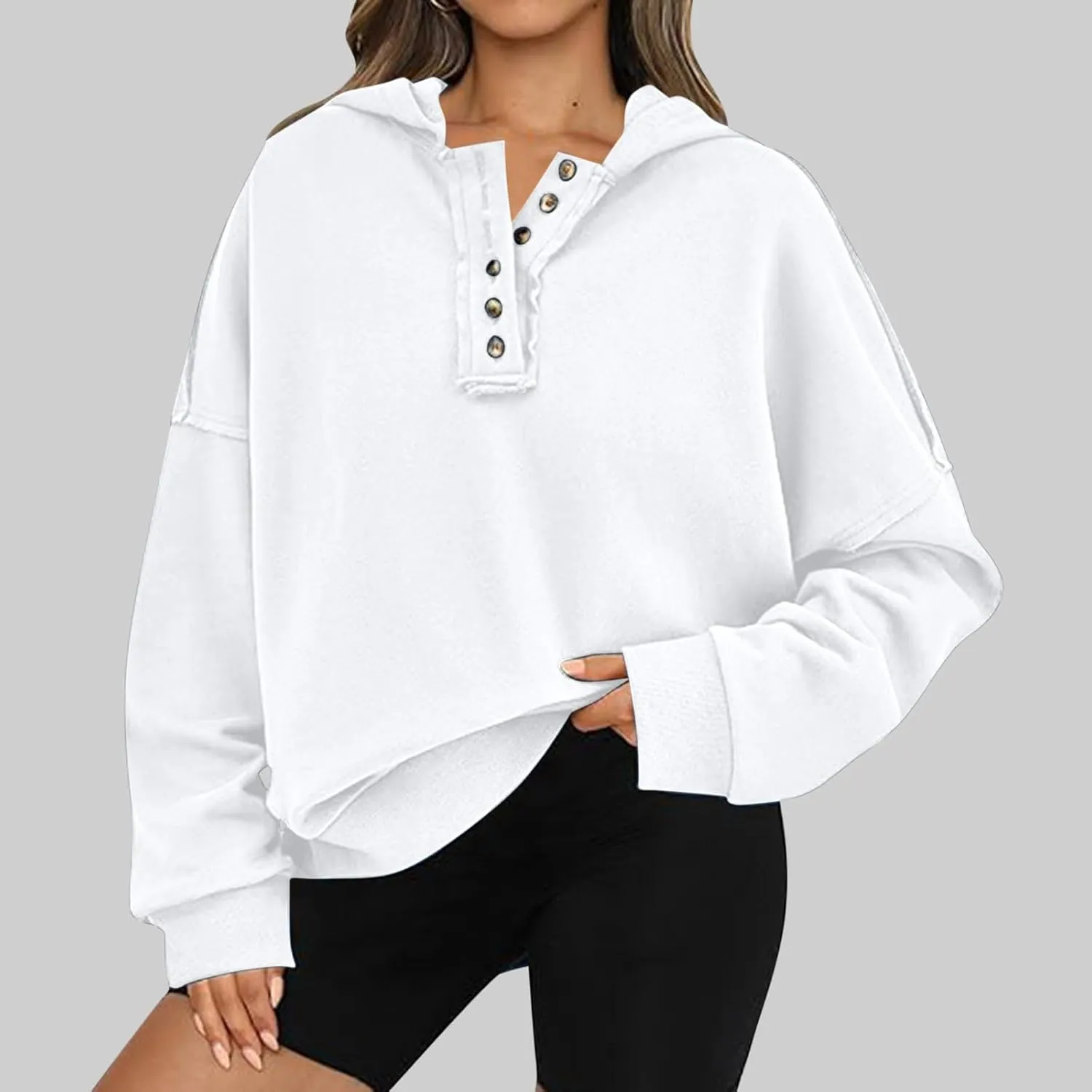 Womens Oversized Hoodies Button Down Long Sleeve Hooded Sweatshirts Fashion Solid Color Pullover Tops Fall Clothes 2024