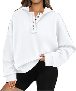 Womens Oversized Hoodies Button Down Long Sleeve Hooded Sweatshirts Fashion Solid Color Pullover Tops Fall Clothes 2024