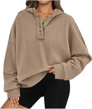 Womens Oversized Hoodies Button Down Long Sleeve Hooded Sweatshirts Fashion Solid Color Pullover Tops Fall Clothes 2024