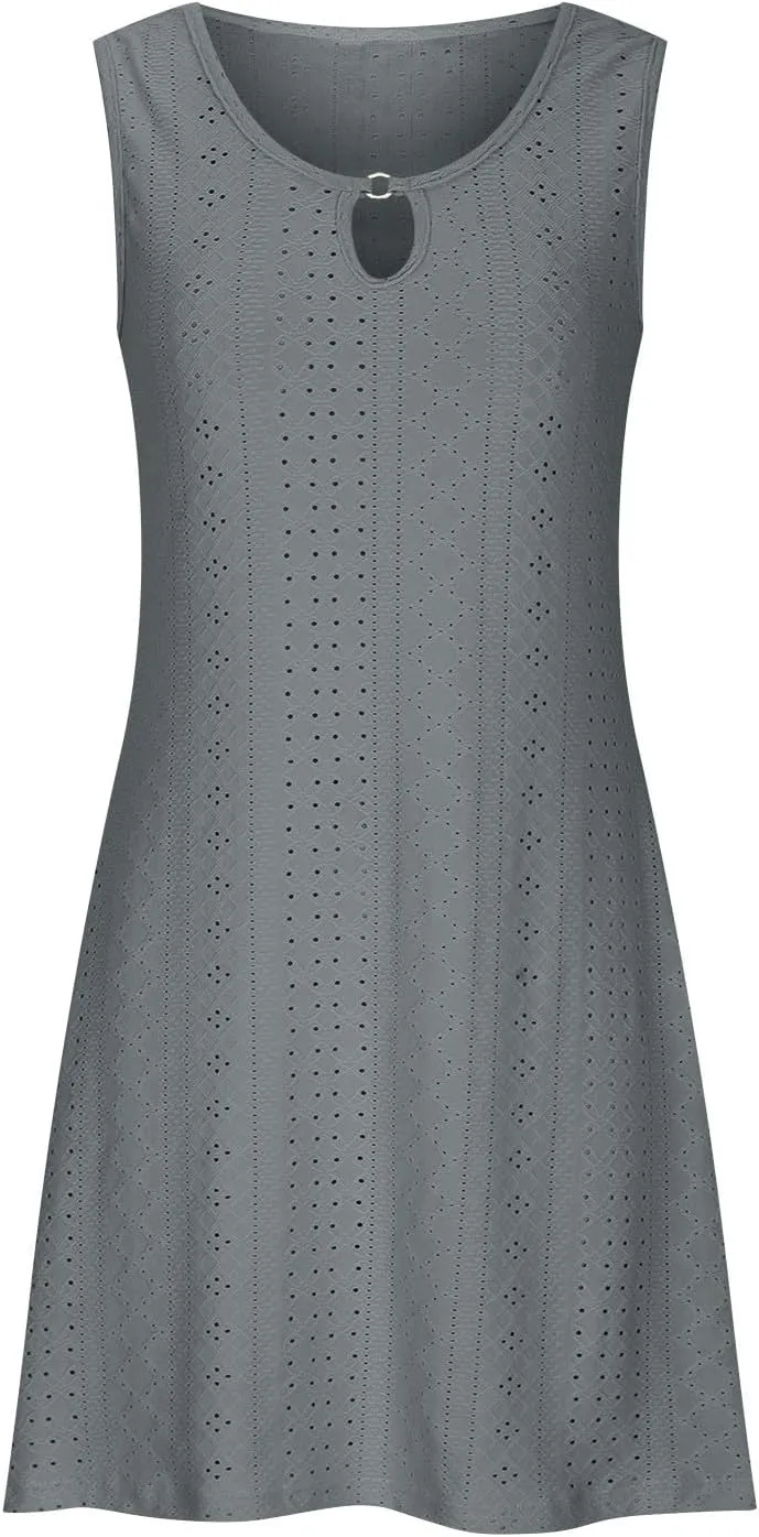 Womens Summer Dresses 2025 Eyelet Sleeveless Tank Dress Scoop Neck A Line Swing Dress Flowy Beach Sundress