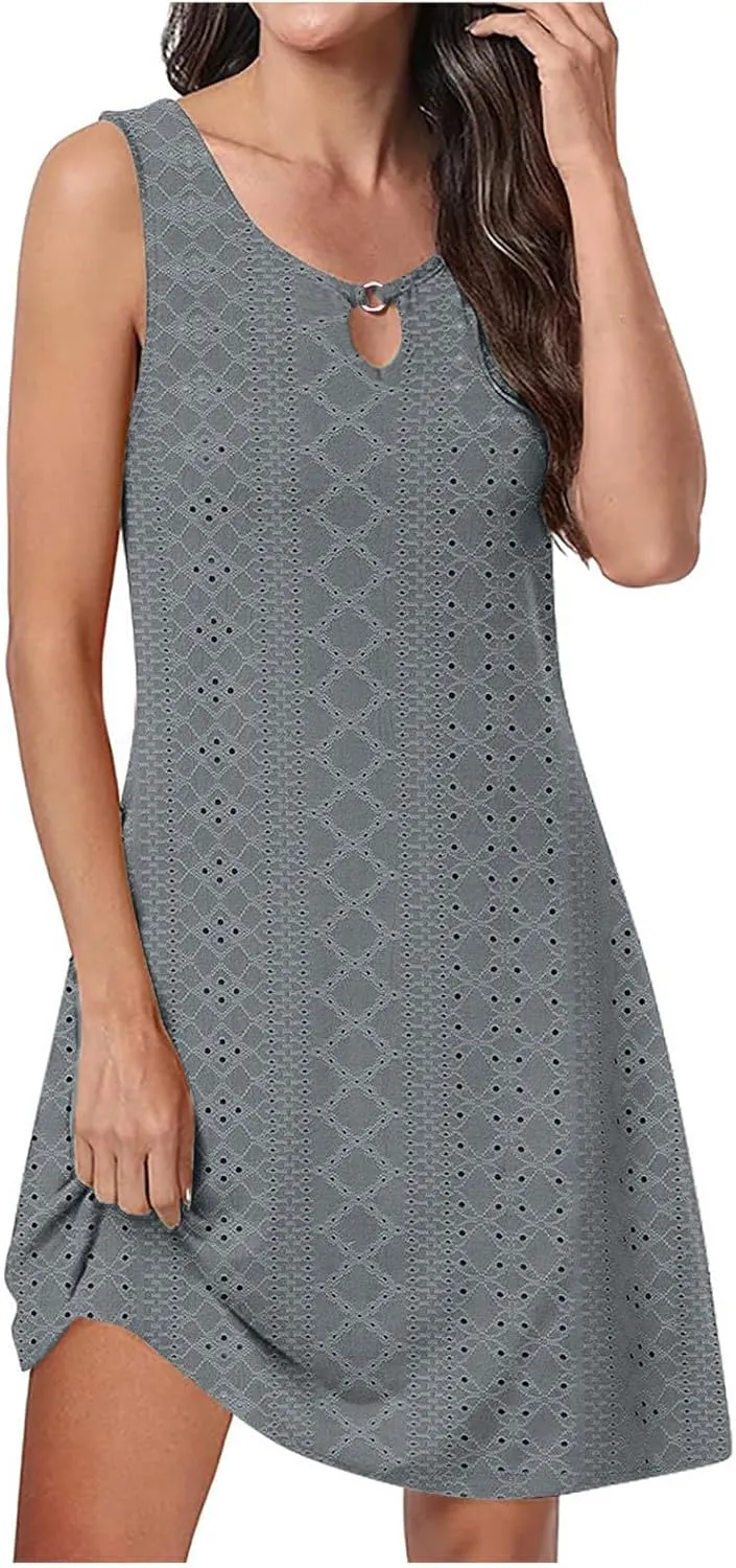 Womens Summer Dresses 2025 Eyelet Sleeveless Tank Dress Scoop Neck A Line Swing Dress Flowy Beach Sundress