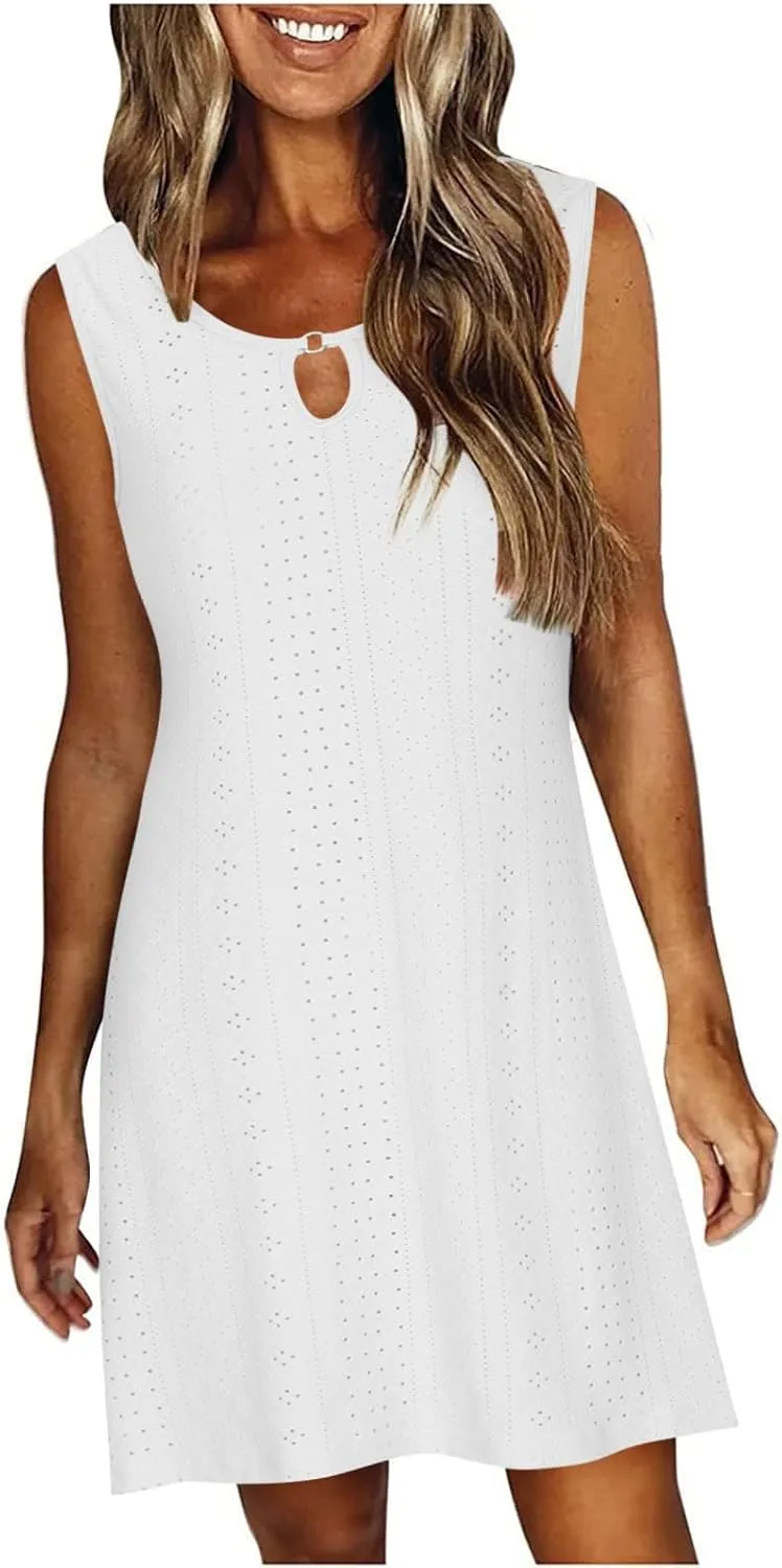 Womens Summer Dresses 2025 Eyelet Sleeveless Tank Dress Scoop Neck A Line Swing Dress Flowy Beach Sundress