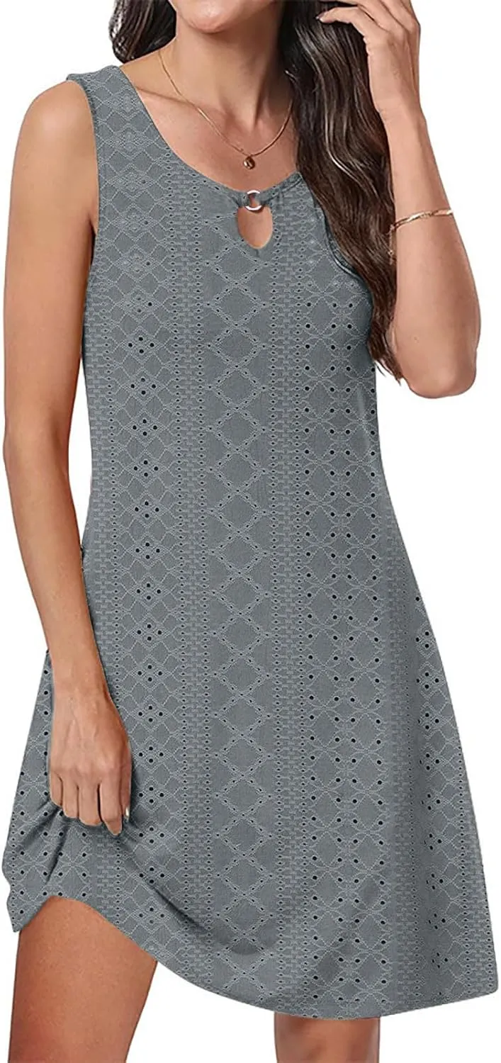 Womens Summer Dresses 2025 Eyelet Sleeveless Tank Dress Scoop Neck A Line Swing Dress Flowy Beach Sundress