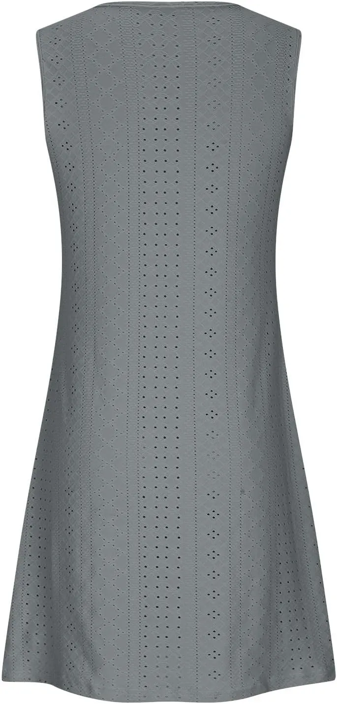 Womens Summer Dresses 2025 Eyelet Sleeveless Tank Dress Scoop Neck A Line Swing Dress Flowy Beach Sundress