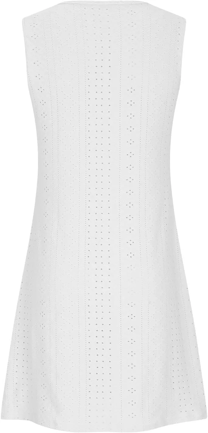 Womens Summer Dresses 2025 Eyelet Sleeveless Tank Dress Scoop Neck A Line Swing Dress Flowy Beach Sundress