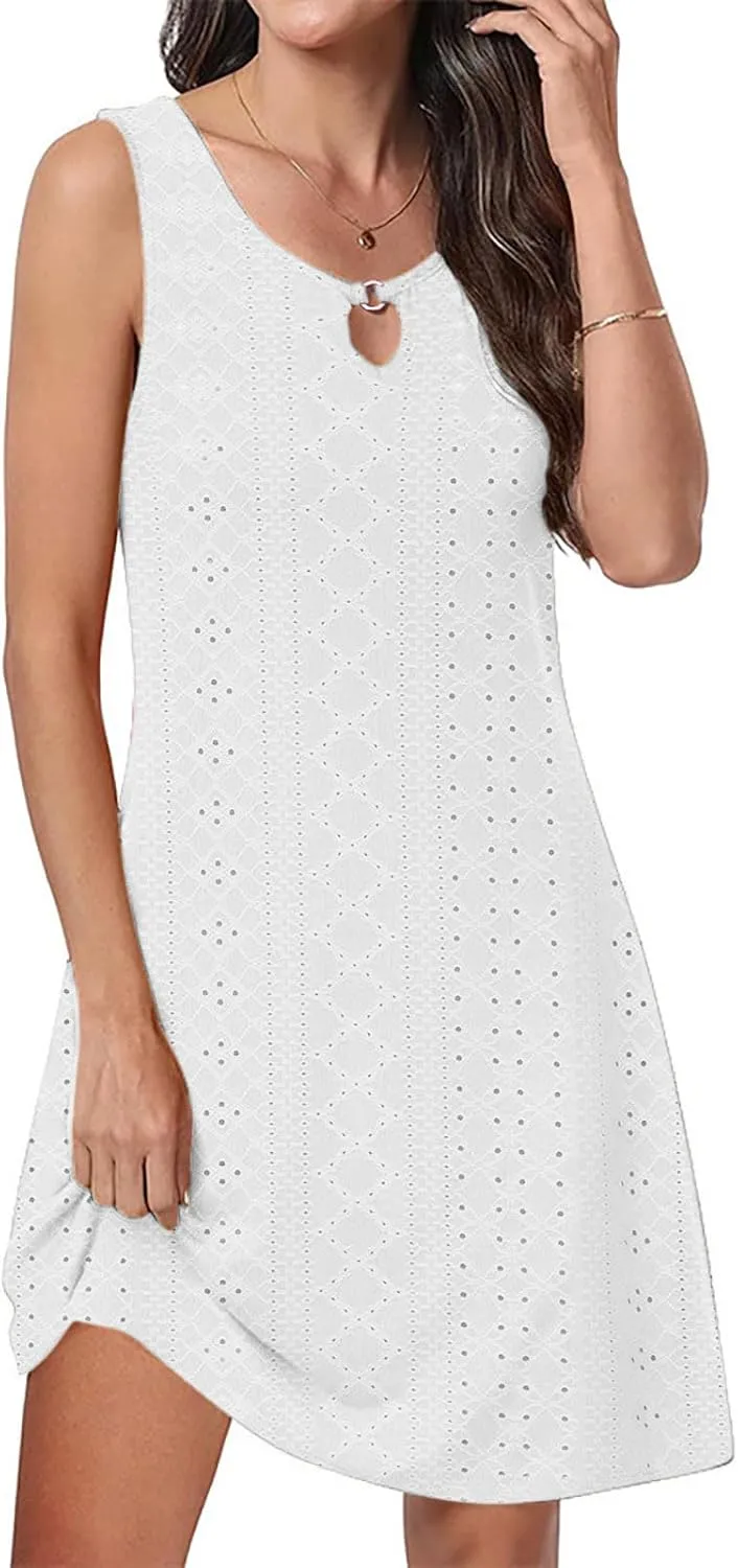 Womens Summer Dresses 2025 Eyelet Sleeveless Tank Dress Scoop Neck A Line Swing Dress Flowy Beach Sundress