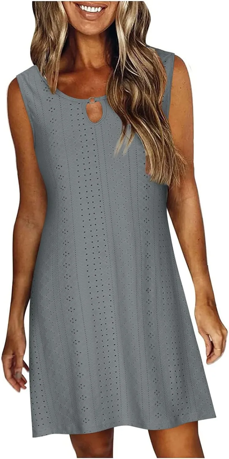 Womens Summer Dresses 2025 Eyelet Sleeveless Tank Dress Scoop Neck A Line Swing Dress Flowy Beach Sundress
