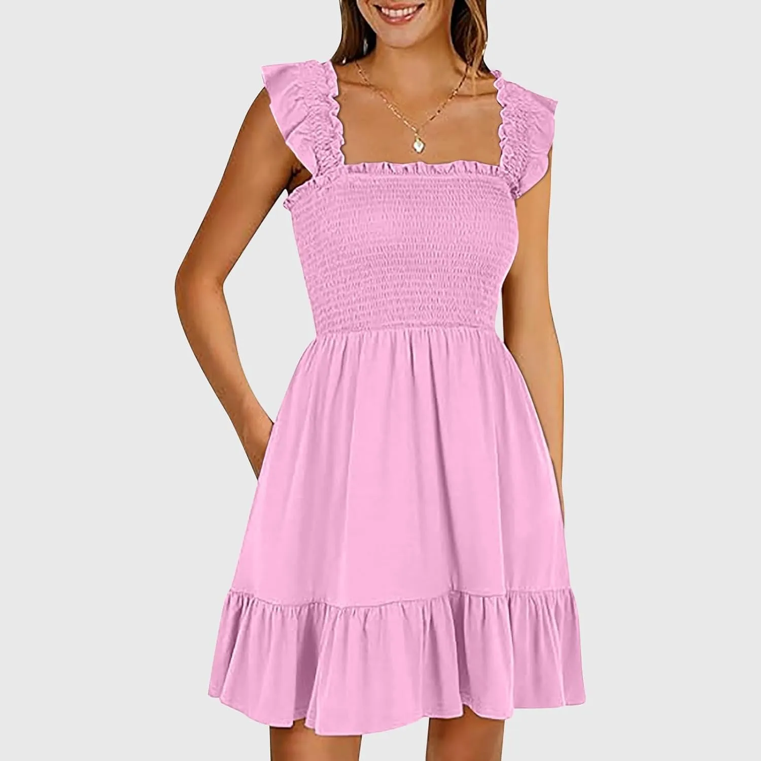 Women's Summer Ruffle Sleeve Sweetheart Neckline Floral Print Mini Dress Casual A-Line Flowy Sundress for Beachwear