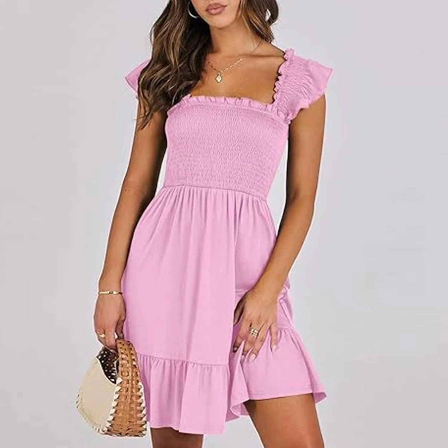 Women's Summer Ruffle Sleeve Sweetheart Neckline Floral Print Mini Dress Casual A-Line Flowy Sundress for Beachwear