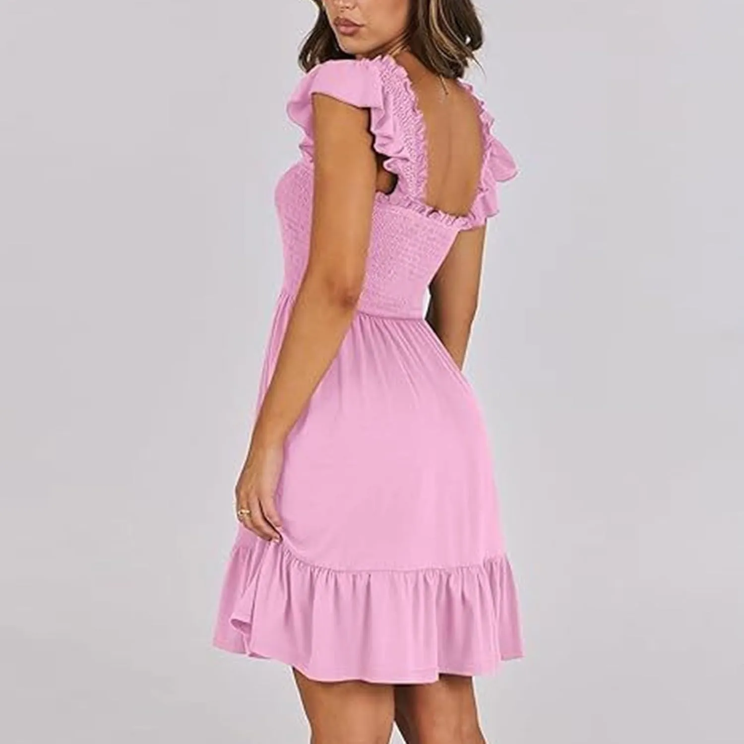Women's Summer Ruffle Sleeve Sweetheart Neckline Floral Print Mini Dress Casual A-Line Flowy Sundress for Beachwear