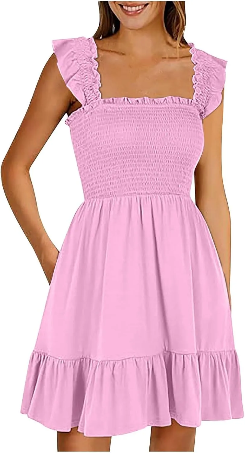 Women's Summer Ruffle Sleeve Sweetheart Neckline Floral Print Mini Dress Casual A-Line Flowy Sundress for Beachwear
