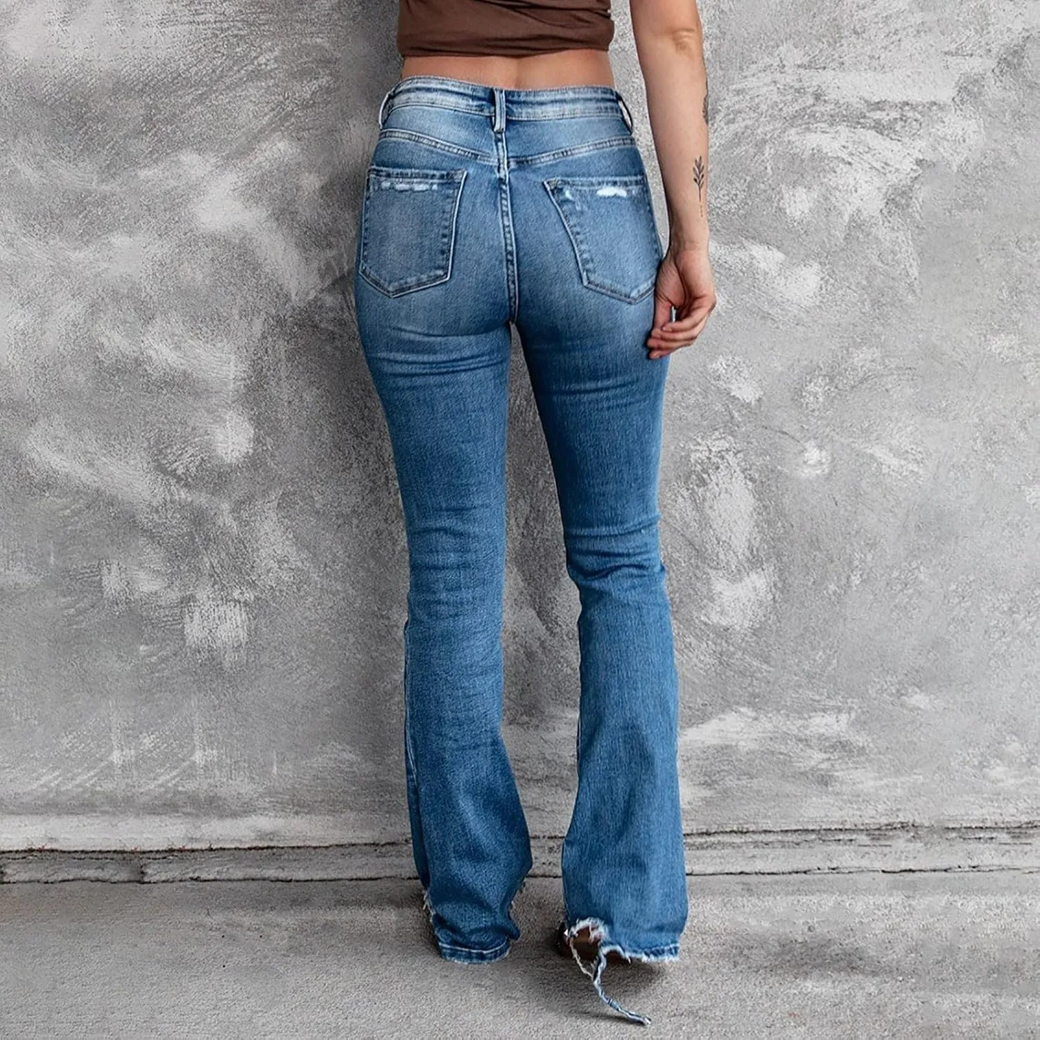 Women's Wear Holes High Waisted Retro Stretch Slim Micro Bell Bottoms Woman Pants Size 14