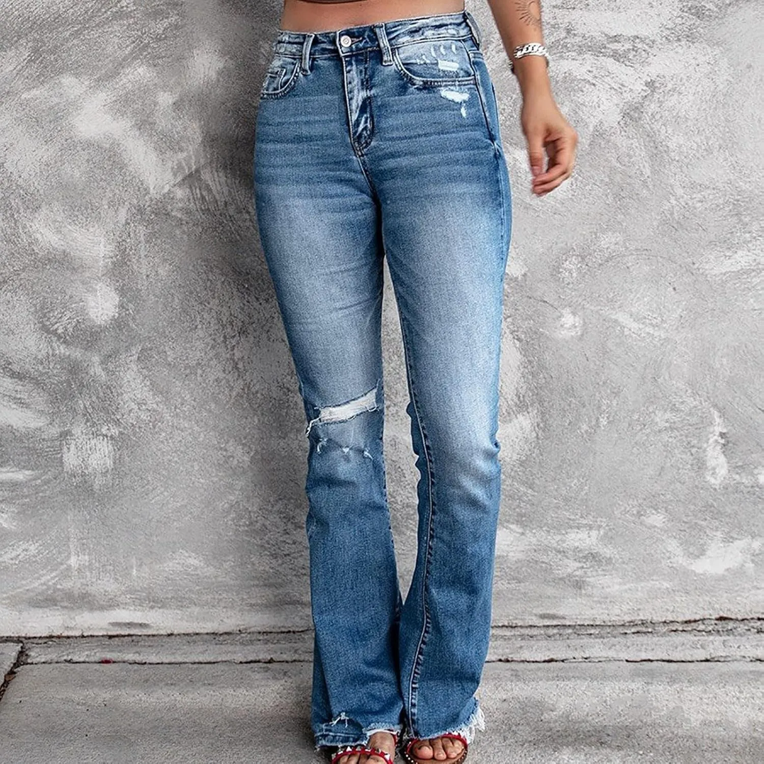 Women's Wear Holes High Waisted Retro Stretch Slim Micro Bell Bottoms Woman Pants Size 14