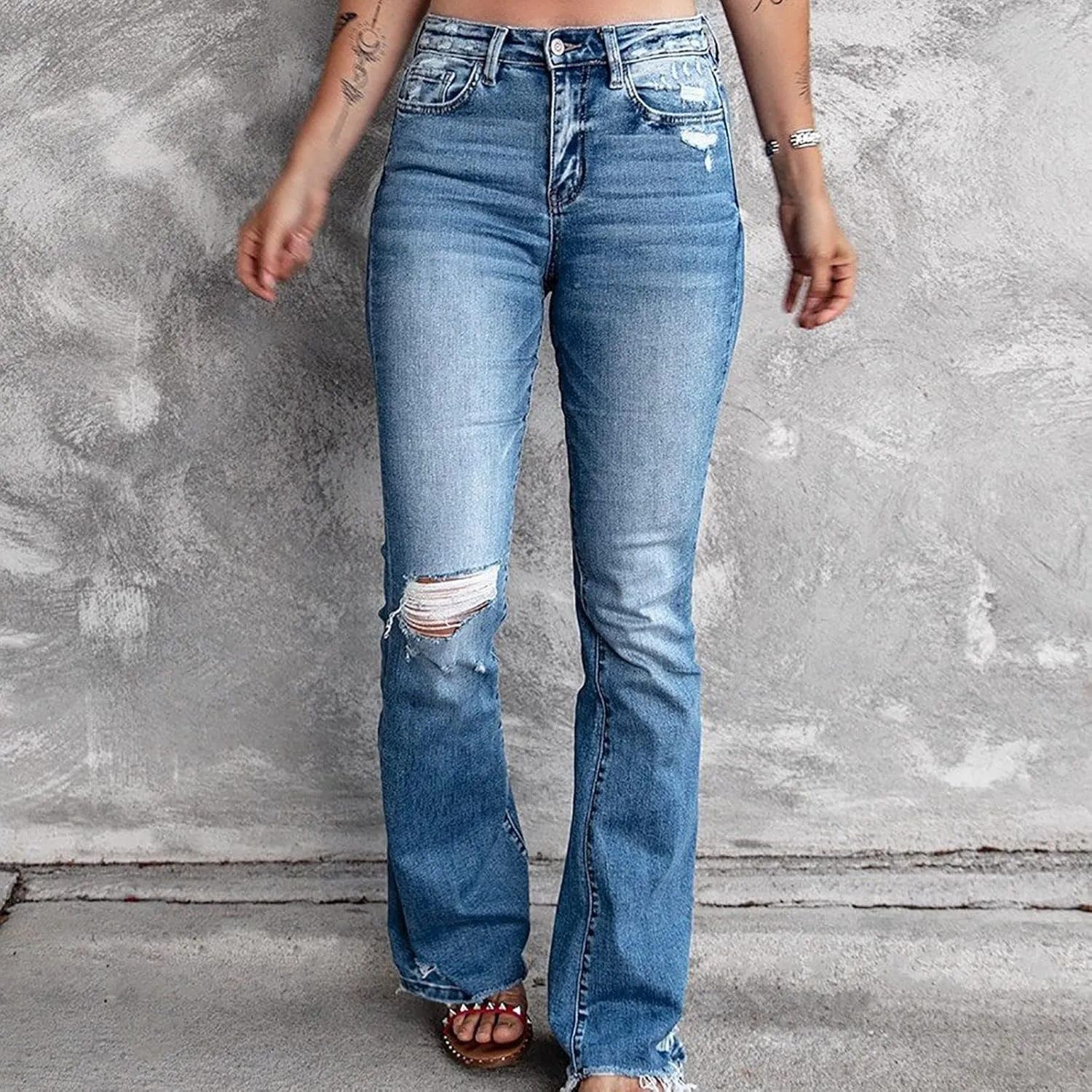 Women's Wear Holes High Waisted Retro Stretch Slim Micro Bell Bottoms Woman Pants Size 14