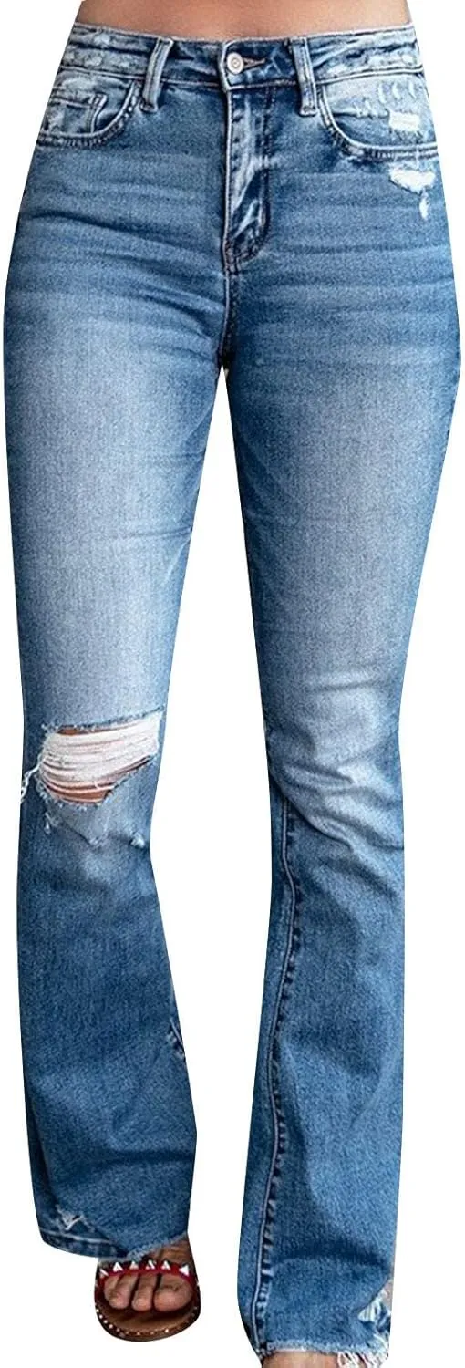 Women's Wear Holes High Waisted Retro Stretch Slim Micro Bell Bottoms Woman Pants Size 14