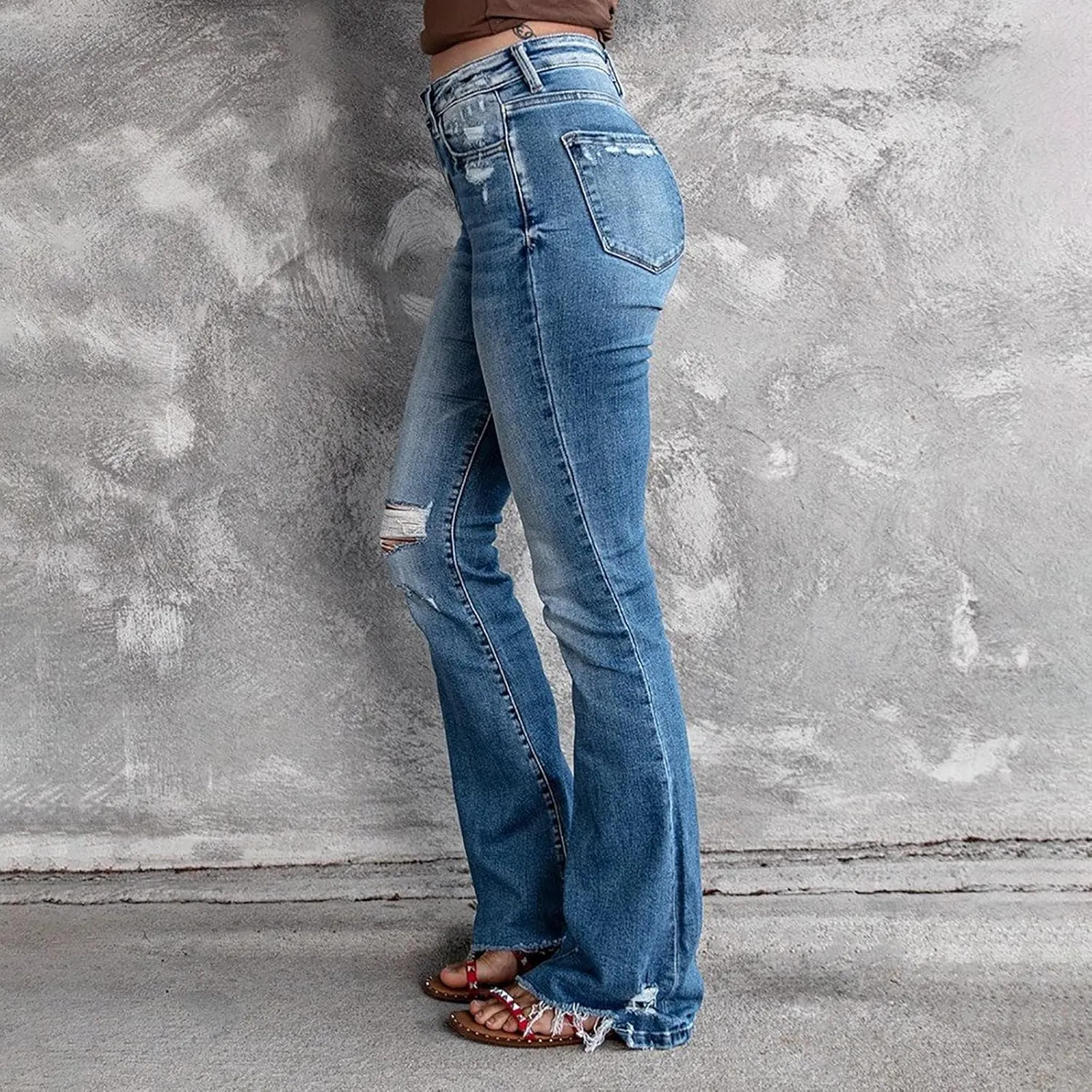 Women's Wear Holes High Waisted Retro Stretch Slim Micro Bell Bottoms Woman Pants Size 14