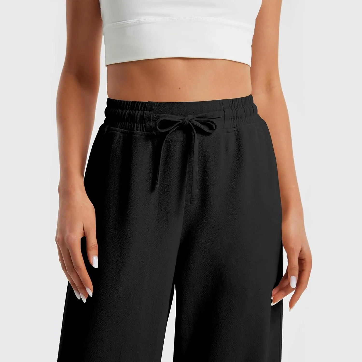 Womens Wide Leg Pants Linen 2025 Beach Summer Drawstring Elastic Waist Pants High Rise with Pocket Comfy Solid Trouser